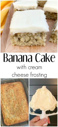 banana cake with cream cheese frosting is shown in this collage, and it's ready to be eaten