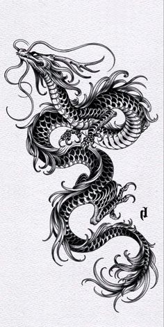 a black and white drawing of a dragon