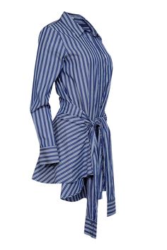 Step up your style game with this timeless Derek Lam dress. The classic shirt style boasts polished stripes, a playful asymmetrical hem, and a unique waist tie. Wear it with platform loafers for a sophisticated look or dress it down with white sneakers. Size 6 100% Cotton Unlined Partial front button Waist tie w/ button cuff detail Shift silhouette Shirt style w/ collar Buttoned cuffs Asymmetrical hem Bust 38" Waist 40" Shoulder to hem 34.5" Sleeve length 24.5" Spring Striped Shirt Dress For Formal Occasions, Striped Shirt Dress For Spring Formal, Striped Shirt Dress For Spring Formal Occasions, Striped Shirt Dress For Spring Formal Events, Silk Sheath Dress, Belted Shirt Dress, Platform Loafers, Cuff Detail, Wool Trousers