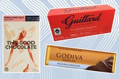 three different types of chocolates on a blue and white patterned background with the words gluffard