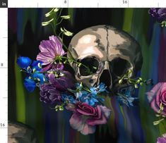 a painting of a skull and flowers on a black background with blue, pink, purple and green stripes