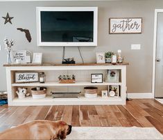 a dog laying on the floor in front of a flat screen tv and entertainment center