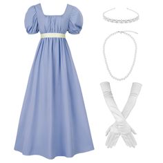 PRICES MAY VARY. This long regency dress has an elegant satin sash, gloves, artificial pearl necklace and headband. U-Back and high waist. Perfect for Jane Austen festival, Gifts for birthday or engagement, tea parties, opera, concerts, banquets, prom, Easter, wedding, school party, Halloween costume other Cosplay costume events Wearing this regency dress back you to the history of early 1800s, daily wear dress, church harvest dress, Victorian dress, cocktail party costume, prairie girl colonial Tea Party Dresses For Women, 1800s Dresses, Colonial Costume, Harvest Dress, Regency Dresses, Victorian Ball, Daily Wear Dress, Dress With Gloves, Easter Wedding