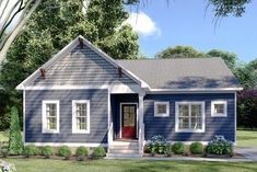 this is a computer rendering of a small blue house with white windows and shutters