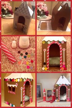 there are many different pictures of a gingerbread house with candy canes on it