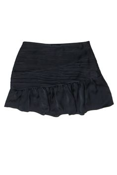 Current Boutique-Ramy Brook - Black Satin Ruched Drop Waist Mini Skirt Sz 8 Ruched Mini Skirt For Evening, Short Ruffled Skirt For Party, Short Ruffled Party Skirt, Ruched Party Skirt, Party Skort With Ruffle Hem, Party Skirt With Ruffles, Party Mini Skort With Ruffle Hem, Ruffle Hem Skort For Party, Party Skort With Ruffles In Short Length