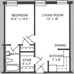 the floor plan for a two bedroom apartment with an attached kitchen and living room area