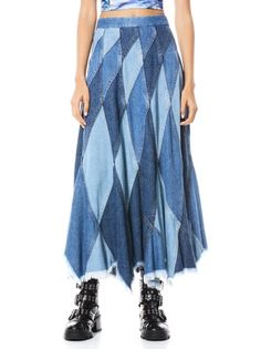 Skirts | Alice And Olivia Patchwork Long Skirt For Fall, Fall Long Skirt With Patchwork, Denim Patchwork Skirt For Fall, Fall Denim Patchwork Skirt, Spring Patchwork Flared Skirt, Blue Patchwork Skirt For Fall, Cotton Patchwork Asymmetrical Skirt, Denim Patchwork Long Skirt, Pink Jumpsuit