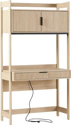 a wooden shelf with drawers and a power cord plugged into the bottom section of it