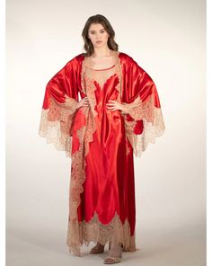 Elegant Red Sleepwear For Loungewear, Elegant Red Sleepwear For Night, Elegant Red Sleepwear For Wedding Night, Elegant Red Nightgown For Nighttime, Elegant Red Nightgown For Wedding Night, Elegant Red V-neck Sleepwear, Red Satin Dress For Loungewear, Elegant Red Wrap Kimono, Elegant Red Robe For Loungewear