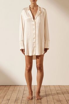 Elegant Long Sleeve Satin Shirt Dress, Elegant Spring Chemise For Daywear, Elegant Relaxed Fit Dress For Loungewear, Elegant Long Sleeve Shirt Dress With Relaxed Fit, Long Sleeve Satin Dress For Loungewear, Long Sleeve Silk Loungewear Dress, Long Sleeve Silk Dress For Loungewear, Silk Long Sleeve Loungewear Dress, Chic Spring Chemise