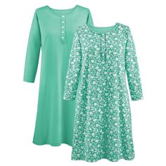 Cute And Comfortable, This Set Of 2 Nightgowns Are Available In A Soft Blue Or Mint Green. Each Set Includes One Pretty Floral Print And One Solid Color Each Features 3/4 Sleeves, A Henley-Style Button Front And An Easy-To-Wear Fit. Machine Wash. Polyester And Cotton; Imported. Approx. 40"L. Set Of 2. Choose: Mint Or Blue. Available In M(10-12), L(14-16), Xl(18-20), Or Xxl(22-24). Green Long Sleeve Nightgown For Sleep, Green Long Sleeve Sleep Dress, Green Long Sleeve Nightgown For Loungewear, Green Cotton Nightgown For Sleep, Green Nightgown For Sleepover, Green Cotton Nightgown For Loungewear, Nightgown Sets, Comfortable Lounge, One Piece Clothing