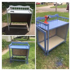 three different views of an old baby crib and changing table in the front yard