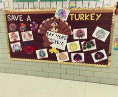 a bulletin board with turkey pictures on it