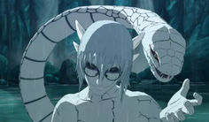 an anime character with white hair and big eyes is holding a snake in front of him