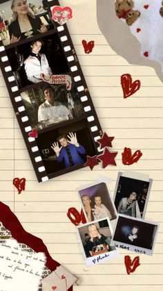 a collage of photos with hearts and teddy bears on them, including an old movie strip