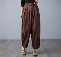 "★★ FEATURES Cotton Pants No lining Elastic waist Front hidden zipper +button closure Two side seam pockets Wide leg pants Perfect for Spring, Autumn and winter Wash only in cold water and do not expose to direct sunlight. ★★ The model's height approx 165 cm (5′ 5″) with the 84 cm (33\") bust, 66 cm (26\") waist. She is wearing in the size XS. ★★ Please select custom order according to the follow situation Your height is not between 155 cm- 172 cm Your weight is over 75 kg ★★ Get your size in Si Baggy High-waist Brown Harem Pants, Baggy High Waist Brown Harem Pants, Baggy Brown High Waist Harem Pants, Brown Baggy High Waist Harem Pants, Brown Baggy High-waist Harem Pants, High-waist Cotton Harem Pants In Brown, High Waist Brown Cotton Harem Pants, High Waist Brown Harem Pants For Fall, Fall Brown High Waist Harem Pants