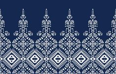 an intricate lace pattern in blue and white on a dark blue background with the words, `