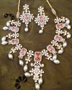 Nameera By Farooq, Jewellery Crystal, Necklace Matching, Pink Stones, Crystal Jewelry Sets, Traditional Jewellery, Silver Tea, Crystal Jewellery, Earrings Simple