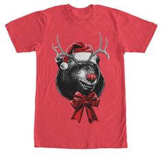 Santa Claus decided to make some changes to his team which is why this year his sleigh will be pulled by the Lost Gods Christmas Rein-Bear Red T-Shirt. A bear with antlers, a Santa hat, a red nose, and a bow around his neck is printed on the front of this festive red Christmas shirt. Size: 2xl. Gender: male. Age Group: adult. Pattern: Fictitious Character. Material: Cotton. Biys Christmas Shirts, Christmas Prints For Tshirt, Reindeer T Shirts, Christmas Shirts With Reindeer, Christmas Shirt Janmuse.com, Screen Printing Christmas Shirts, Cute Christmas Shirts Vinyl Men, Christmas Prints Shirts, Santa Hat Shirt