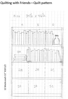 a drawing of a bookcase with books on it and the words quilting with friends - quilt pattern