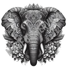 an elephant's head with intricate patterns and flowers in the center, on a white background