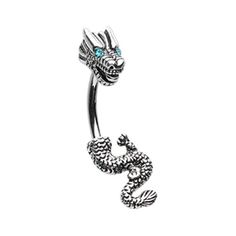 a dragon belly ring with blue eyes on the top and an open tail, in silver