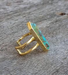 Adjustable, open back, 18k over brass Unique Gold Open Turquoise Ring, Unique Gold Turquoise Ring With Gemstone, Artisan Turquoise Open Ring, Bohemian Gold Turquoise Open Ring, Gold Bohemian Turquoise Open Ring, Handmade Vintage Turquoise Open Ring, Vintage Adjustable Turquoise Open Ring, Turquoise Ring Gold, Turquoise Gold Ring