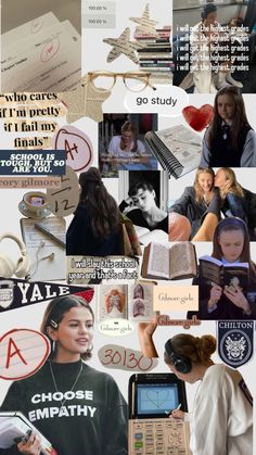 a collage of photos with people and words on them that include books, magazines, headphones