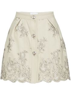 beige cotton blend floral detail high waist front button fastening scallop hem Cotton Mini Skirt, Runway Details, Scallop Hem, Versace Outfit, Dolce E Gabbana, Giambattista Valli, Nike Air Jordan, Moda Operandi, Valentino Garavani