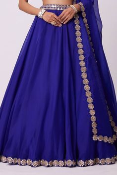 Blue flared attached cancan lehenga with mirror embroidery. Paired with a padded mirror embroidered blouse and embroidered border dupatta. - Aza Fashions Vani Vats, Cape Lehenga, Cancan Lehenga, Kurta Lehenga, Lehenga Pattern, Tassel Blouse, Lehenga Dupatta, Mirror Embroidery, Blue Lehenga