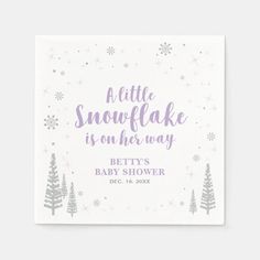 a little snowflake is on her way baby shower napkin in purple and white