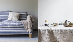 two photographs of a couch and table with food on it, one has a tea kettle