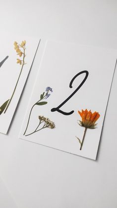 two cards with flowers and numbers on them