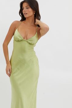 Shop the Alora Tie-Up Back Maxi Dress Olive | Selfie Leslie Light Green Floor Length Dress, Light Green Heels Outfit, Elegant Sage Green Dress, Open Back Green Dress, Simple Satin Prom Dress, Mint Green Silk Dress, Green Long Formal Dress, Wedding Formal Guest Dress, Light Green Formal Dresses