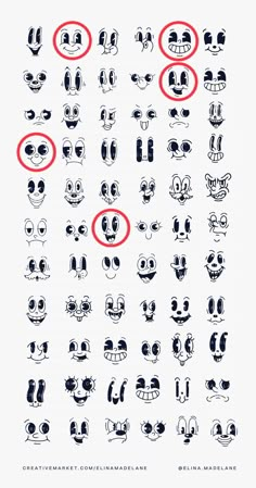 an image of different types of cartoon faces with red circles around the eyes and nose