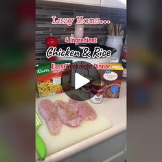 the video is showing how to cook chicken and rice in the kitchen with text that reads lazy moms an ingredient chicken & rice easy weight dinner