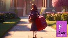 a woman walking down a sidewalk carrying luggage in front of a building with pink flowers