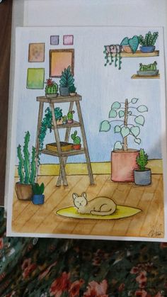 a drawing of a cat sleeping on the floor in front of a desk with potted plants