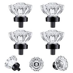 four glass knobs with black handles and crystal knobs on each side, set of six