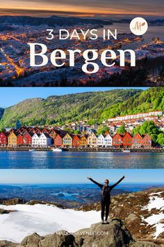 a woman standing on top of a rock next to the ocean with text overlay reading 3 days in bergen