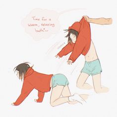 two people in red shirts and blue shorts, one is falling to the ground while the other has his head down