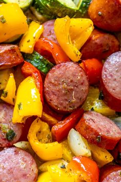 sausage, peppers and zucchini on a plate