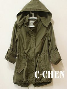 hooded drawstring utility parka #militaryoutwear Olive Parka, Olive Coat, Military Trench Coat, Military Jacket Women, Army Green Coat, Military Parka, Green Parka, Green Trench Coat, Military Jacket Green