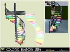 an image of a spiral staircase with colored lights on the stairs and in front of it