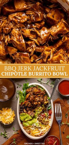 bbq jackfruit chipotle burrito bowl is shown in this image