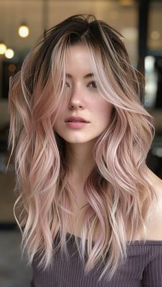 Subtle Pastel Hair, Blond Pink Balayage, Light Pink Underneath Hair Blonde, Pale Pink Balayage, Blonde And Pale Pink Hair, Pink Inner Hair, Balayage Hair With Pink, Blonde Balayage Pink Highlights, Soft Pink Balayage