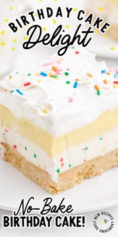 a piece of birthday cake with white frosting and sprinkles