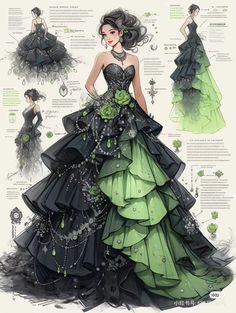 an illustrated drawing of a woman in a green and black dress