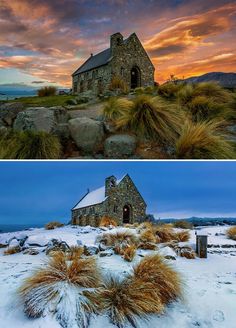 two pictures one with a church and the other with snow on it's ground